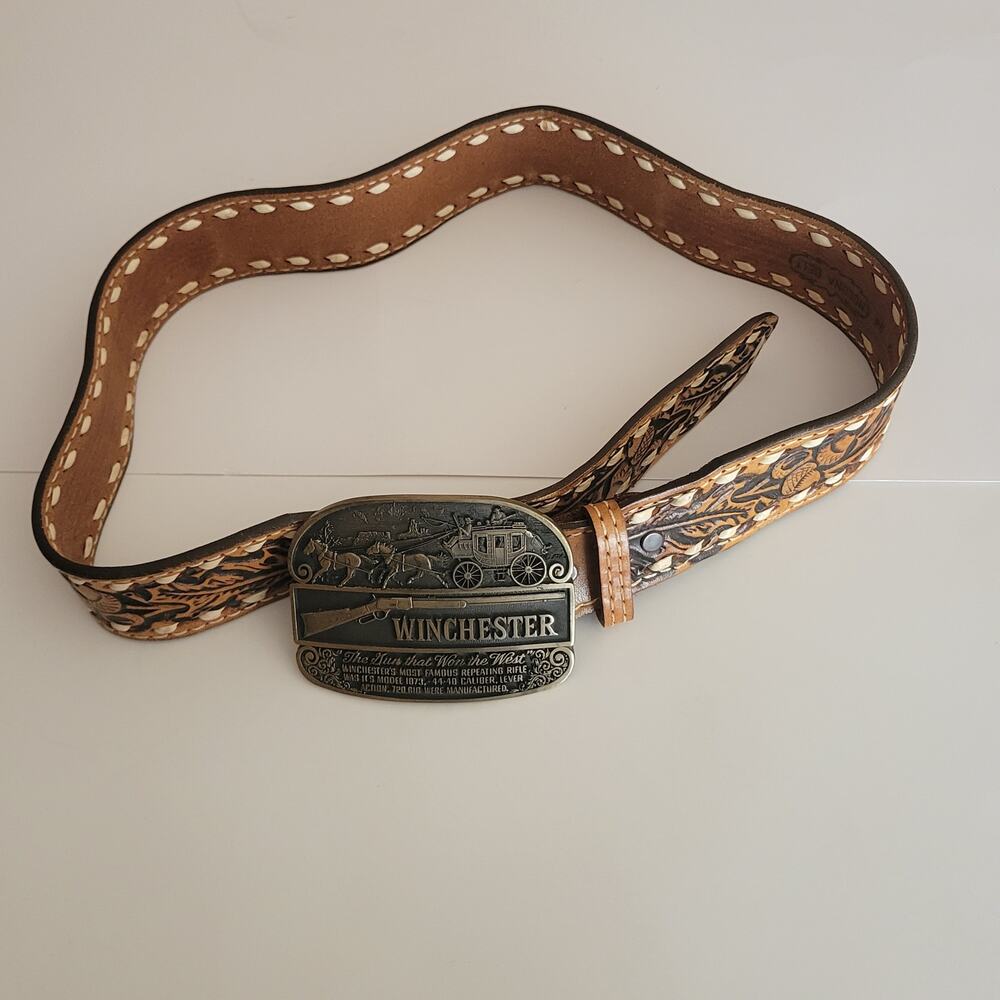 Nocona Tooled Leather Belt Size 34 Buckstitch Personalized JIM Winchester Buckle
